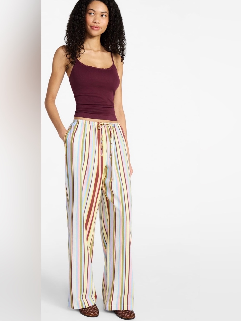 Striped Wide-Leg Drawstring Pants - Multicolor